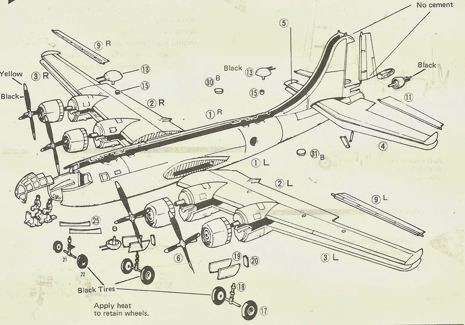 B-29 Super Fortress Model - 1/100 scale Entex Kit # 8502 1973 - parts diagram